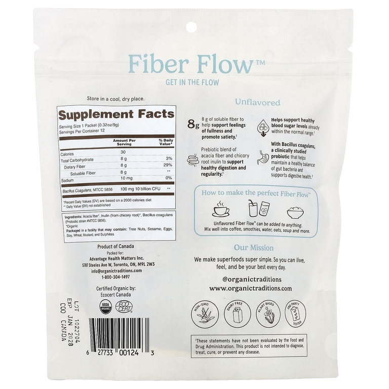 Organic Traditions, Fiber Flow™, без добавок, 12 стиков по 9 г (0,32 унции)
