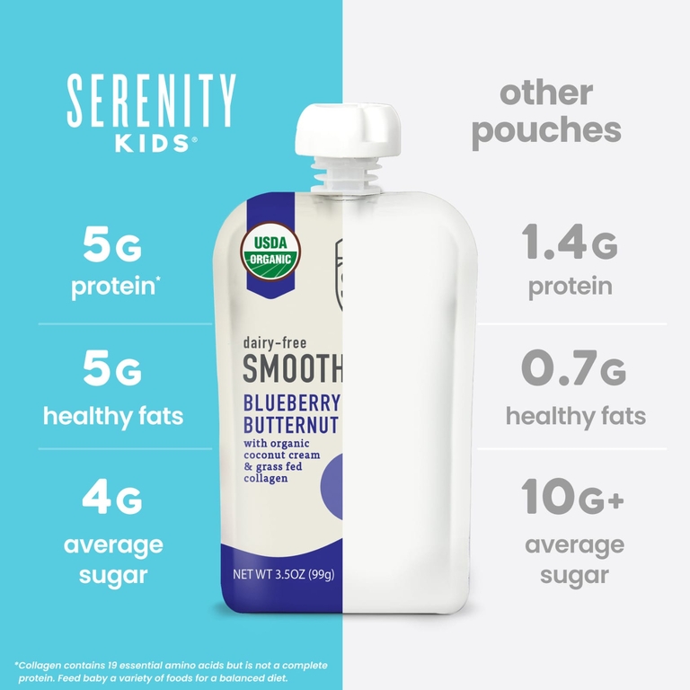 Serenity Kids, безмолочный смузи с коллагеном, для всех детей от 6 месяцев, ягод и мускатная тыква, 6 пакетиков по 99 г (3,5 унции)