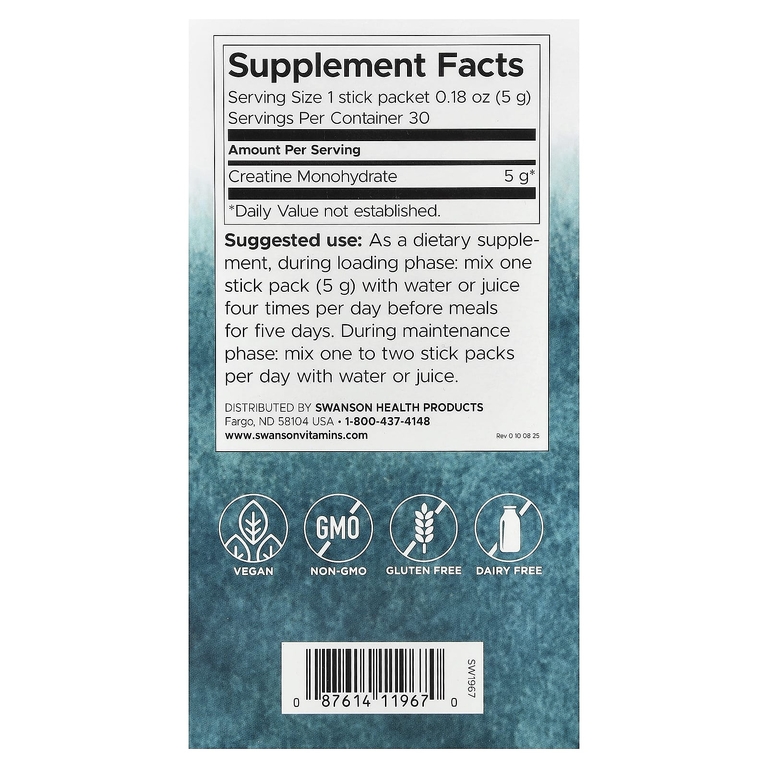 Swanson Vitamins, моногидрат креатина, без добавок, 30 стик-пакетов по 5 г (0,18 унции)