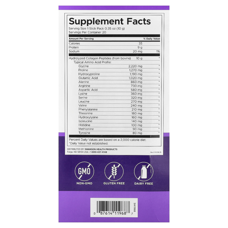 Swanson Vitamins, пептиды коллагена, без добавок, 20 стик-пакетов по 10 г (0,35 унции)