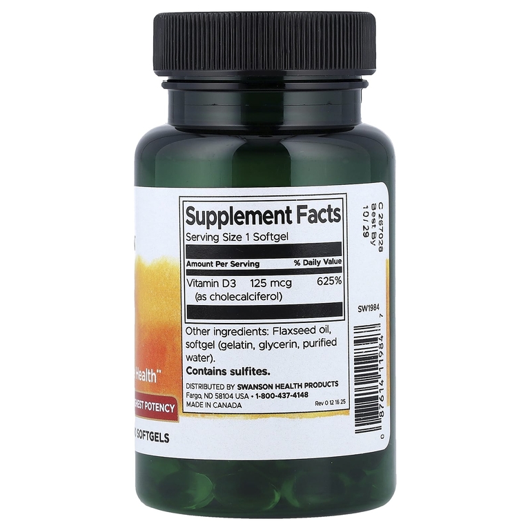 Swanson Vitamins, витамин D3, максимально высокоактивный, 125 мкг (5000 МЕ), 90 мягких таблеток