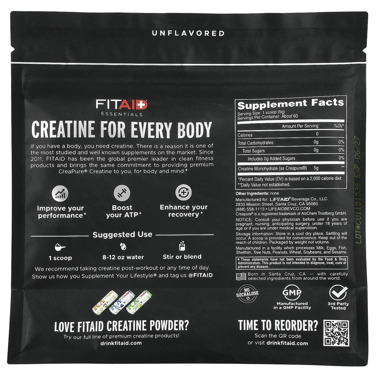 FITAID, Essentials, моногидрат креатина, без добавок, 300 г (10,6 унции)