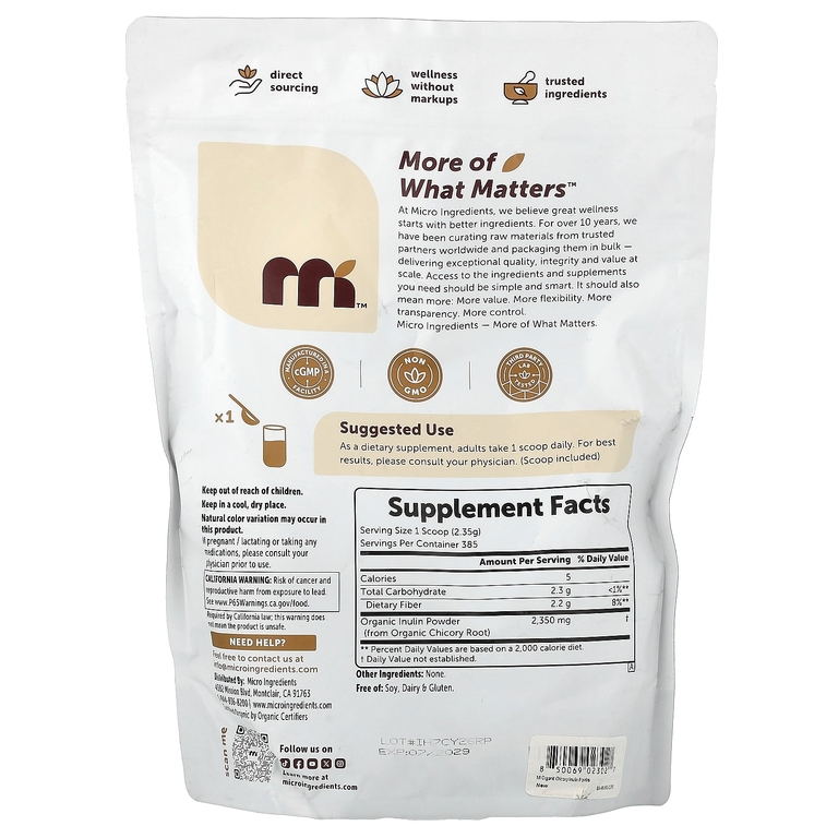 Micro Ingredients, органический инулин из корня цикория, 907 г (2 фунта)