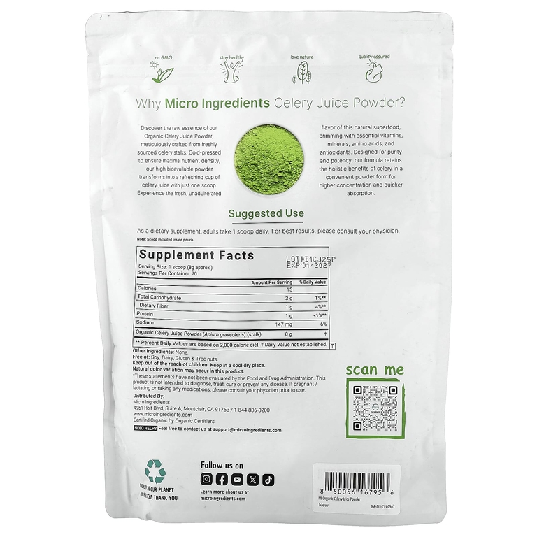 Micro Ingredients, сок органического сельдерея в порошке, 566 г (20 унций)