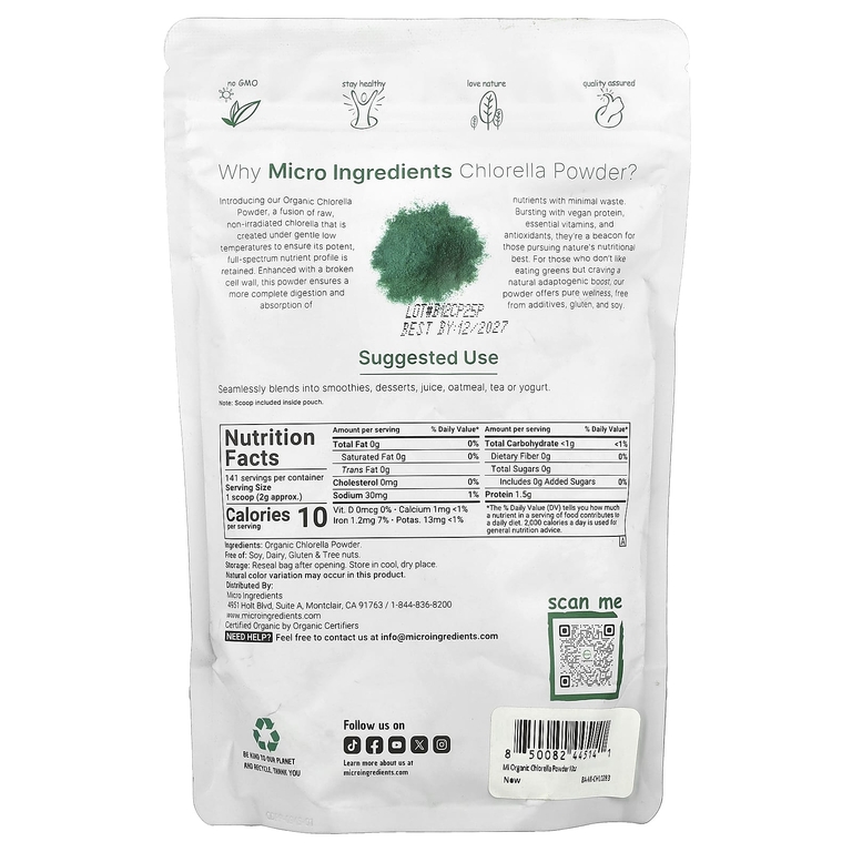 Micro Ingredients, органический порошок с хлореллой, 283 г (10 унций)