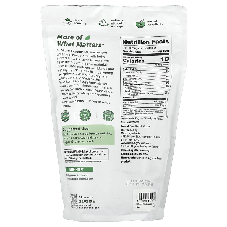 Micro Ingredients, органический порошок из ростков пшеницы, 454 г (16 унций)