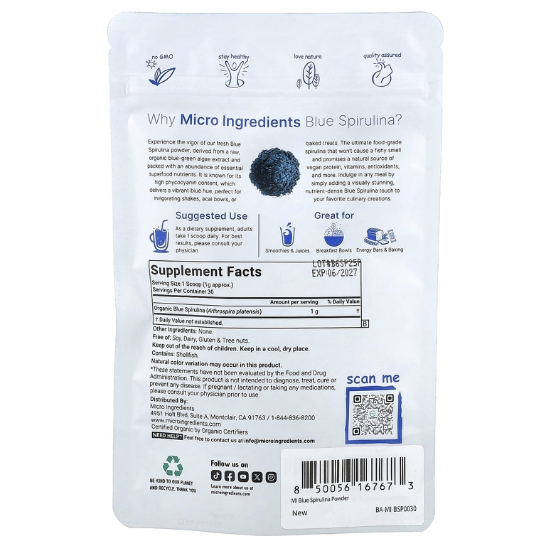 Micro Ingredients, органическая голубая спирулина, 30 г (1,05 унции)