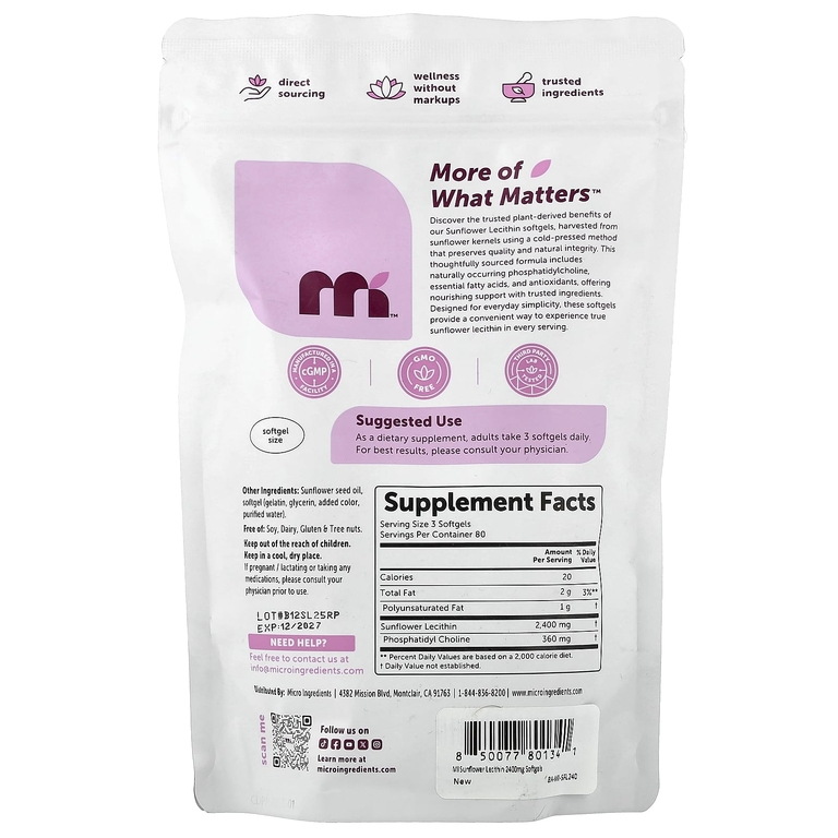 Micro Ingredients, подсолнечный лецитин, 240 капсул (800 мг в 1 капсуле)