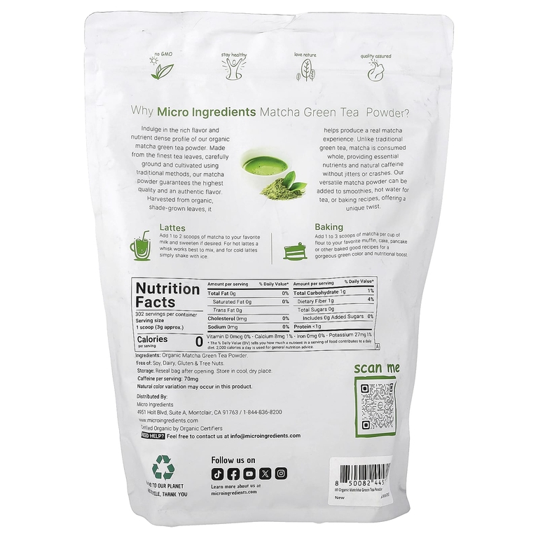 Micro Ingredients, органический зеленый чай матча в виде порошка, 907 г (2 фунта)