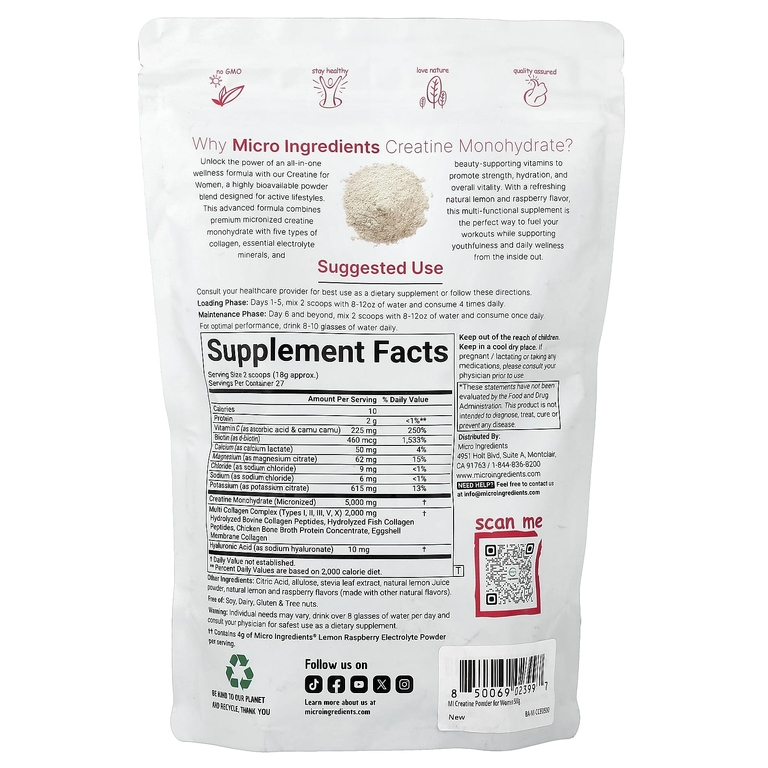 Micro Ingredients, моногидрат креатина для женщин, лимон и малина, 500 г (1,1 фунта)