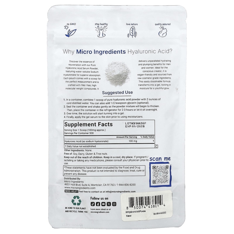 Micro Ingredients, гиалуроновая кислота в порошке, 50 г (1,76 унции)