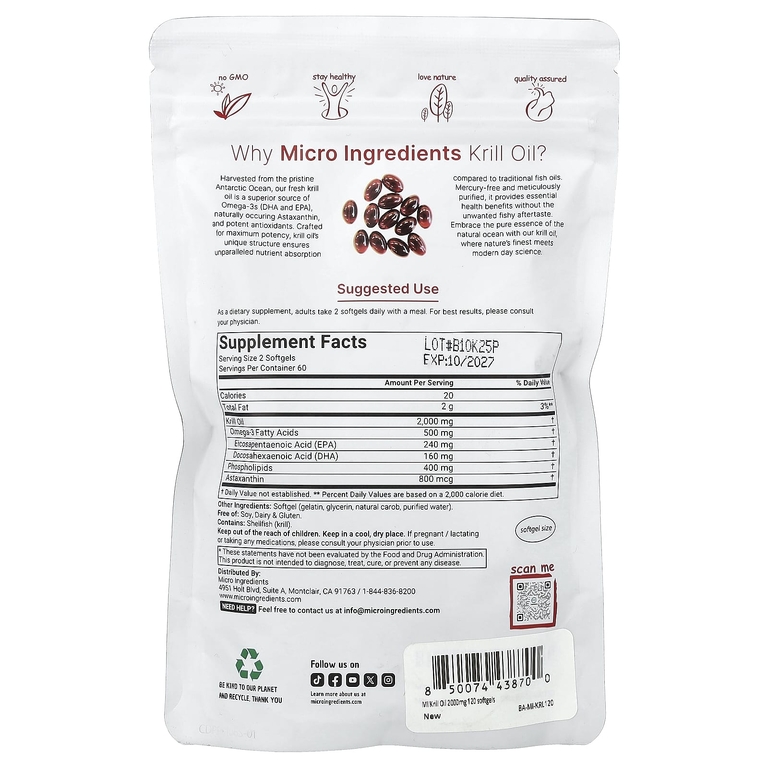 Micro Ingredients, масло антарктического криля, 120 капсул (1000 мг в 1 капсуле)