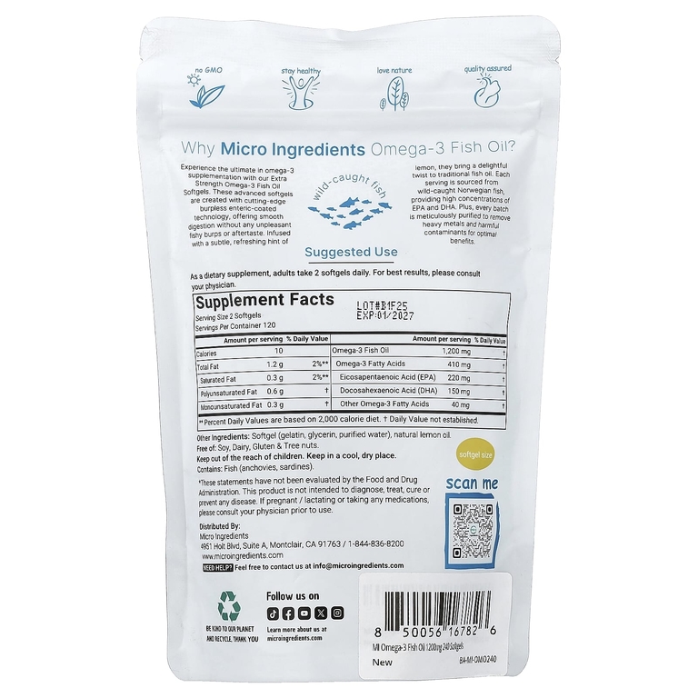 Micro Ingredients, рыбий жир с омега-3, лимон, 240 капсул (600 мг в 1 капсуле)