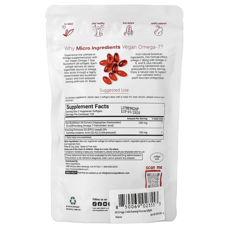 Micro Ingredients, веганское облепиховое масло с омега-7 и маслом примулы вечерней, 240 вегетарианских капсул