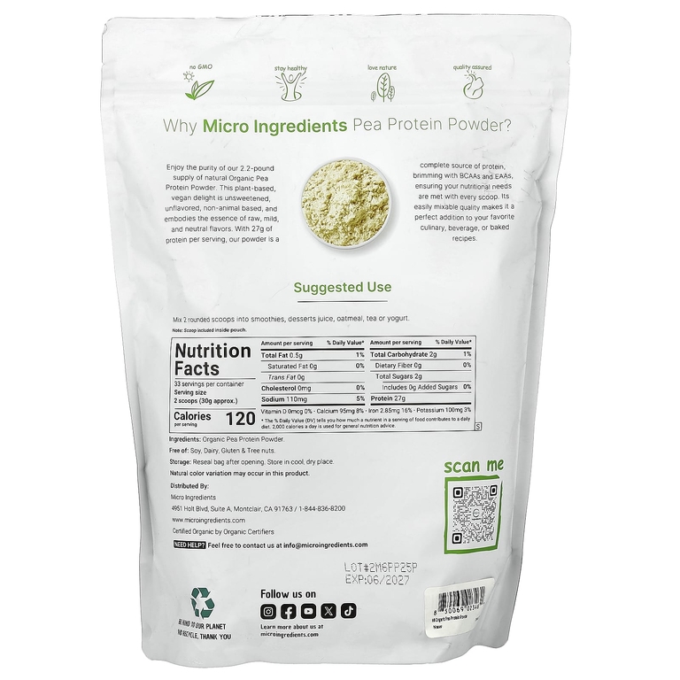 Micro Ingredients, органический гороховый протеин в порошке, 1000 г (2,2 фунта)