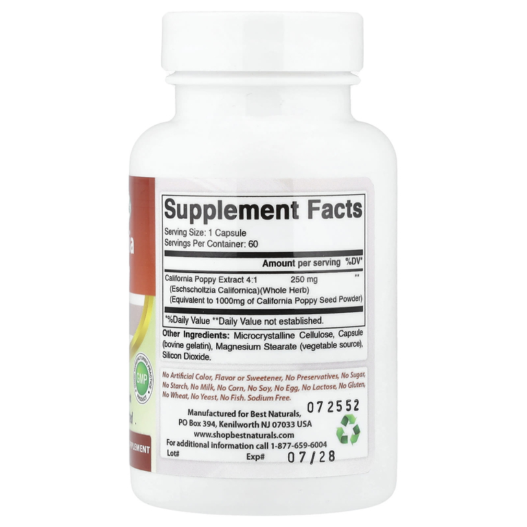 Best Naturals, мак калифорнийский, 60 капсул (250 мг в 1 капсуле)