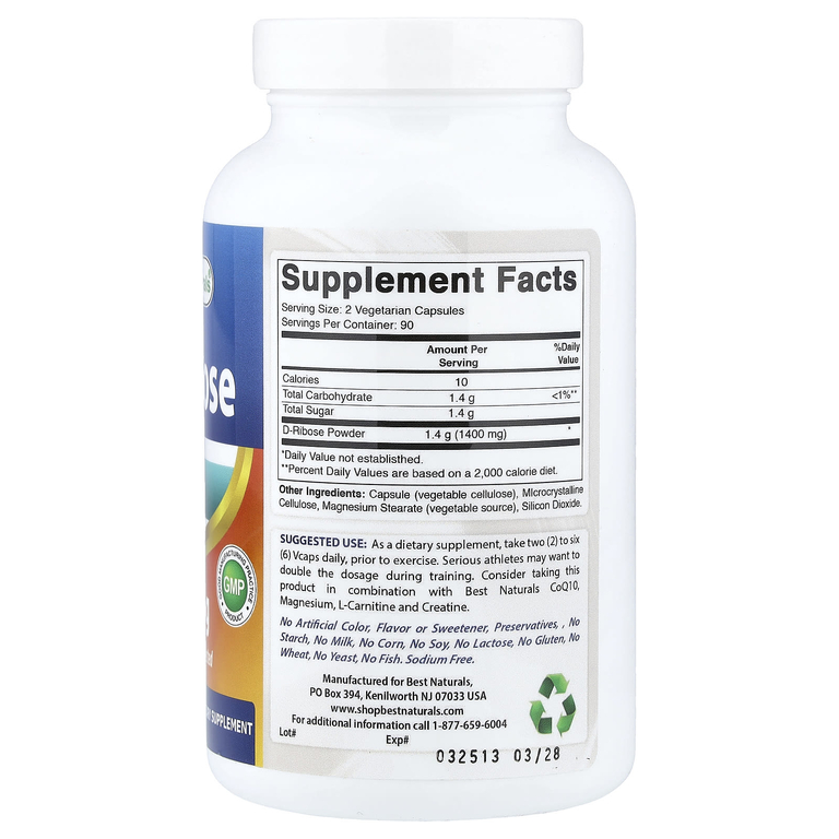 Best Naturals, D-рибоза, 700 мг, 180 вегетарианских капсул