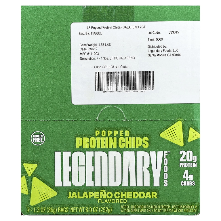 Legendary Foods, протеиновые чипсы, халапеньо и чеддер, 7 пакетиков по 36 г (1,3 унции)
