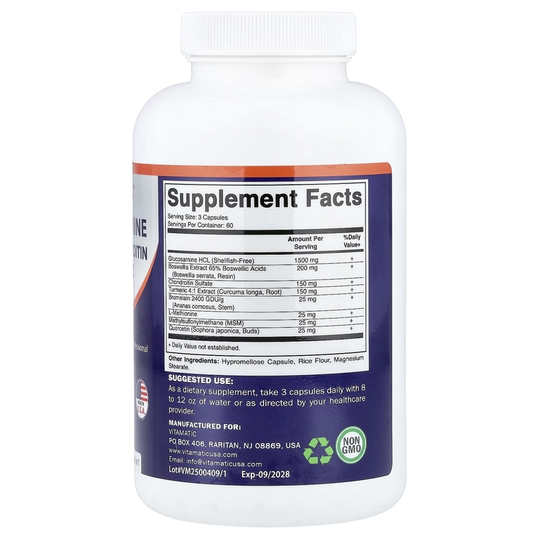 Vitamatic, глюкозамин, МСМ, хондроитин и куркума, 180 растительных капсул