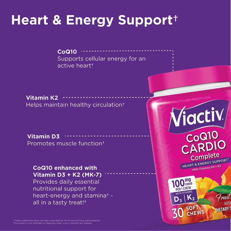 Viactiv, комплекс коэнзима Q10 для здоровья сердца с витаминами D3 и K2, фруктовый вкус, 30 жевательных таблеток