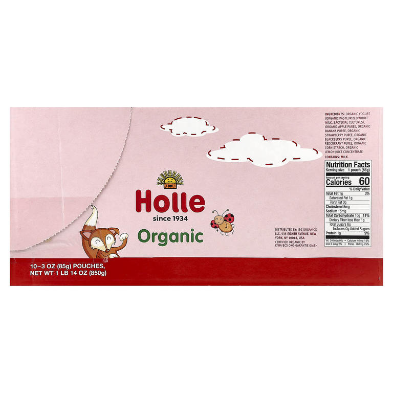 Holle, органический йогурт с яблоком, бананом и ягодами, для детей от 8 месяцев, 10 паучей по 85 г (3 унции)