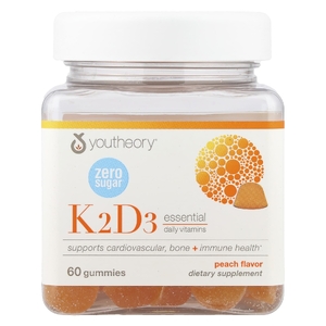 Youtheory, Жевательные таблетки с витаминами K2 и D3, персик, 60 жевательных таблеток