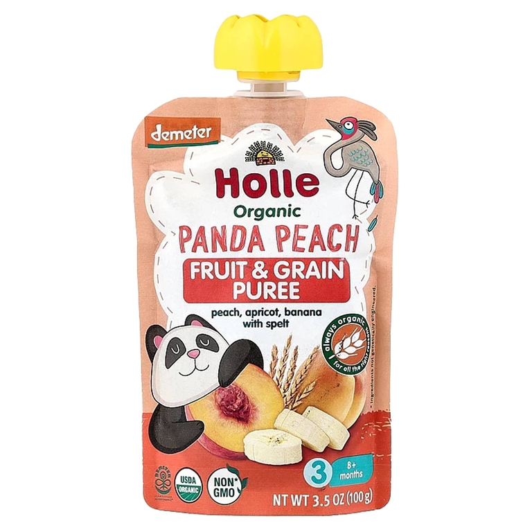 Holle, органическое фруктово-зерновое пюре, панда, персик, для детей от 8 месяцев, персик, абрикос, банан и полба, 6 паучей по 100 г (3,5 унции)