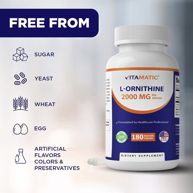 Vitamatic, L-орнитин, 180 растительных капсул (666 мг в 1 капсуле)