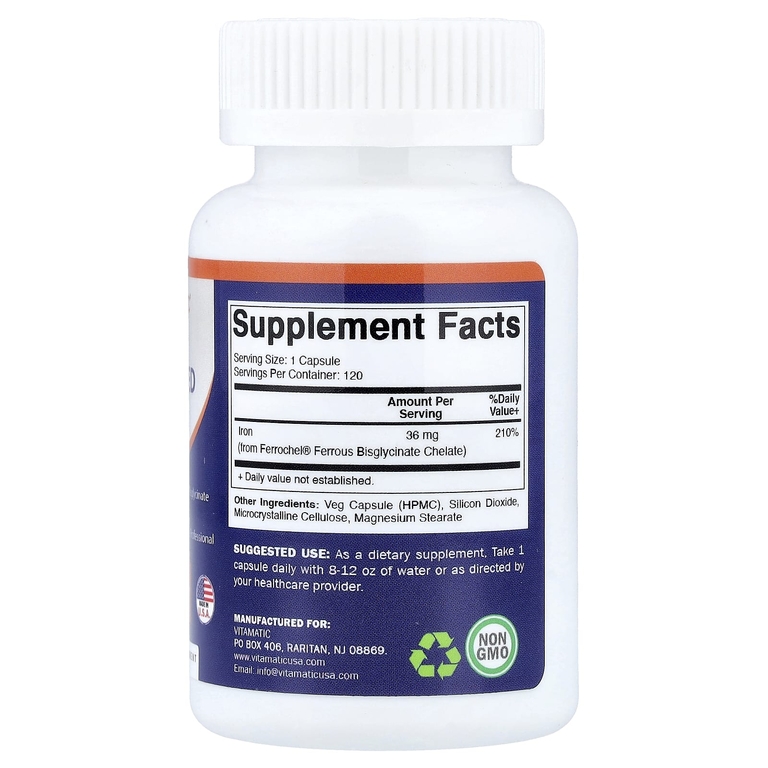 Vitamatic, железо в хелатной форме, 36 мг, 120 капсул
