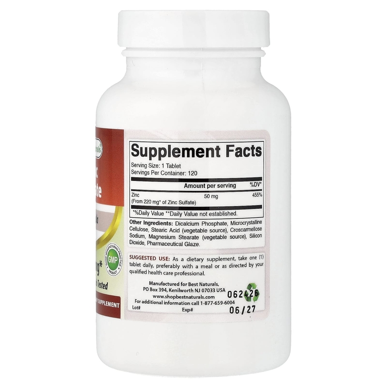 Best Naturals, сульфат цинка, 120 таблеток (50 мг в 1 таблетке)