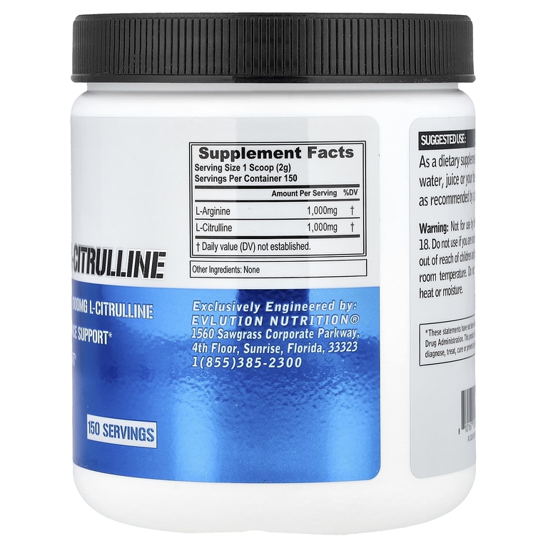 EVLution Nutrition, L-аргинин + L-цитруллин, без вкусовых добавок, 300 г (10,6 унции)