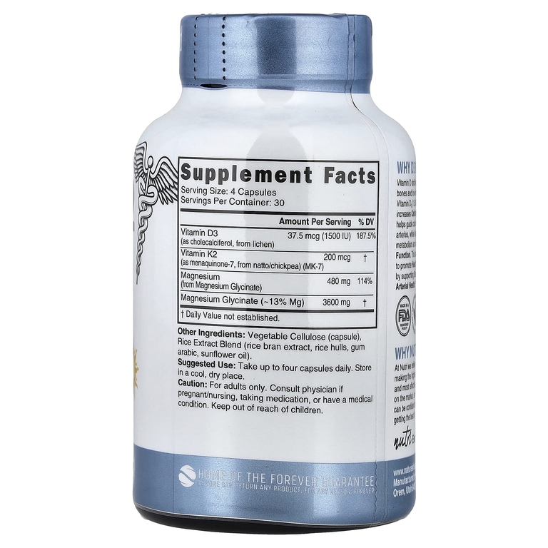 Nutri, Витамины D3 и K2, глицинат магния, 120 веганских капсул