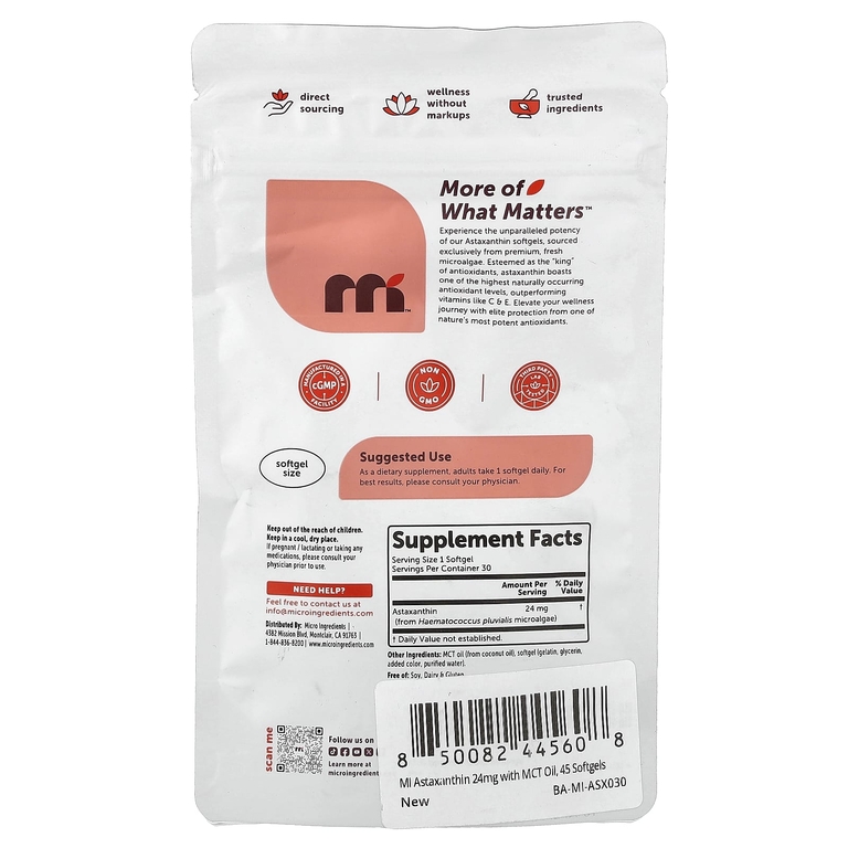 Micro Ingredients, Астаксантин, 24 мг, 30 мягких капсул