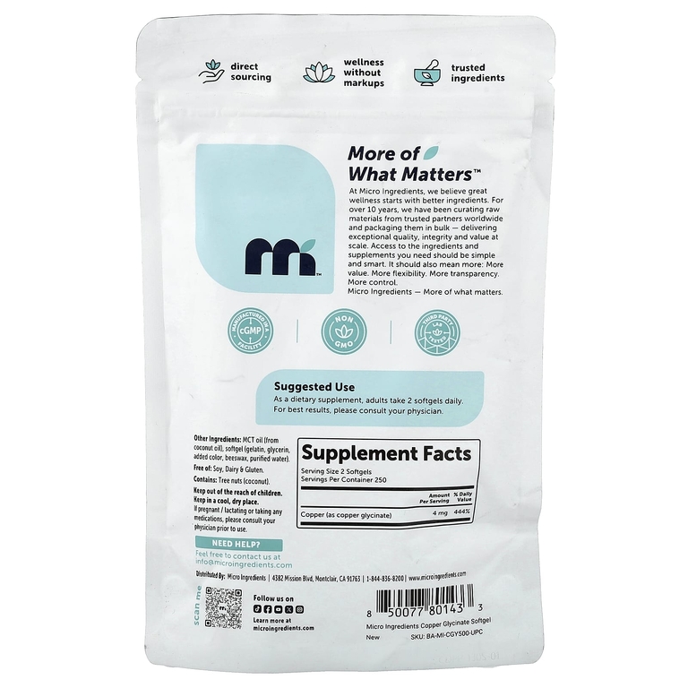 Micro Ingredients, Глицинат меди, 500 мягких капсул (2 мг в капсуле)