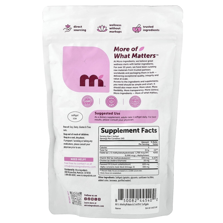 Micro Ingredients, L-метилфолат 5-MTHF, 240 мягких капсул