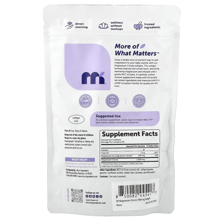 Micro Ingredients, Цитрат магния, 1000 мг, 240 мягких капсул