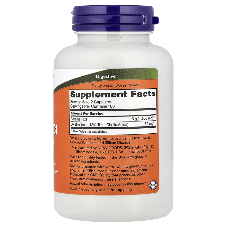 NOW Foods, бетаин HCl и желчь окислого окислого скота, 120 капсул