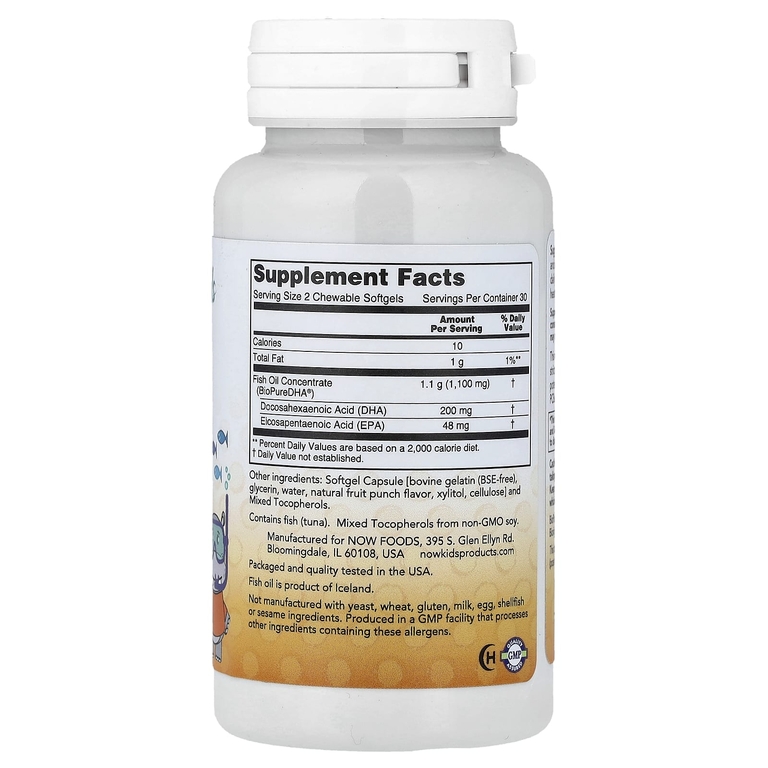 NOW Foods, ДГК с рыбьим жиром для детей, со вкусом фруктов, 60 жевательных таблеток