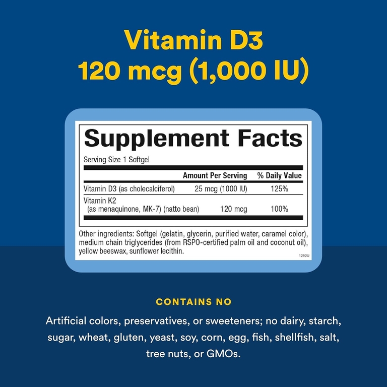 Natural Factors, витамины D3 и K2, 25 мкг (1000 МЕ) и 120 мкг, 60 капсул