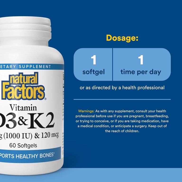 Natural Factors, витамины D3 и K2, 25 мкг (1000 МЕ) и 120 мкг, 60 капсул