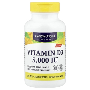Healthy Origins, витамин D3, 125 мкг (5000 МЕ), 360 капсул