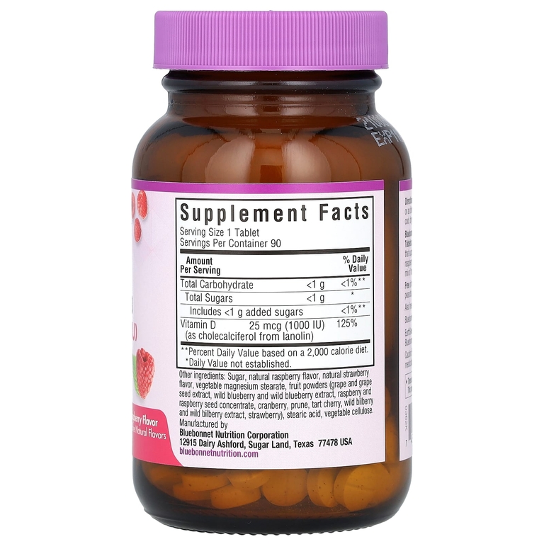 Bluebonnet Nutrition, витамин Д3, малина, 25 мкг (1000 МЕ), 90 жевательных таблеток