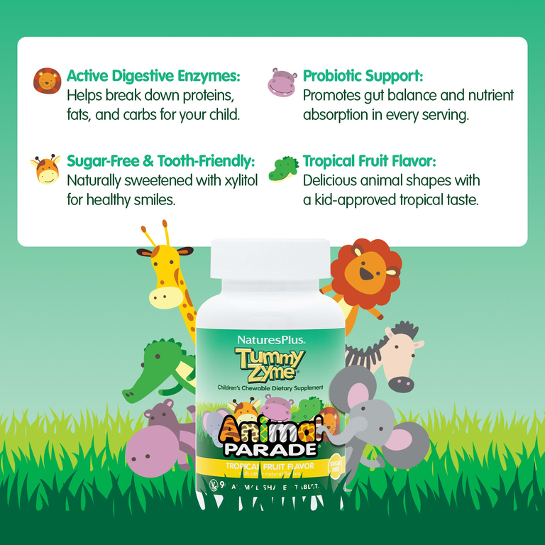 NaturesPlus, добавка для поддержки пищеварения, для детей, тропические фрукты, 90 таблеток в форме животных