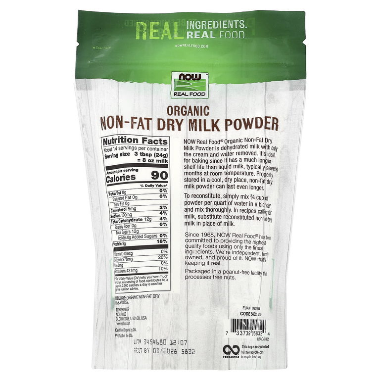 NOW Foods, Real Food, органическое обезжиренное сухое молоко 340 г (12 унций)