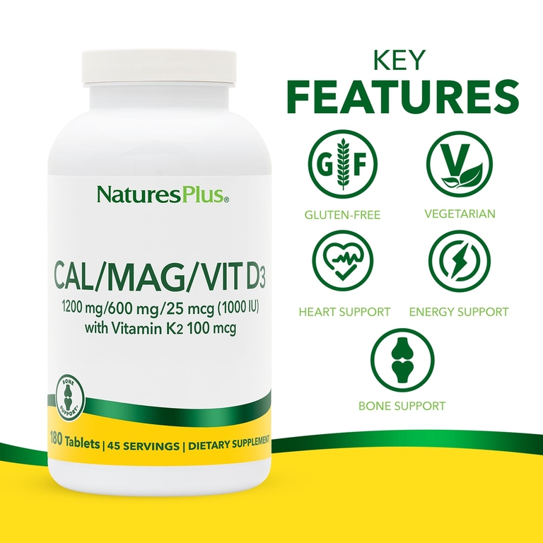 NaturesPlus, комплекс с кальцием, магнием, витаминами D3 и К2, 180 таблеток