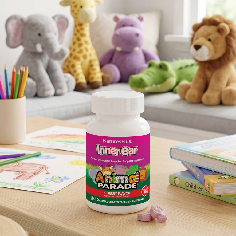 NaturesPlus, жевательная добавка для поддержки здоровья внутреннего уха, для детей, с вишневым вкусом, 90 таблеток в форме животных