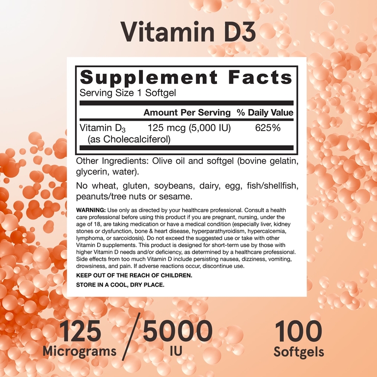 Jarrow Formulas, витамин D3, 125 мкг (5000 МЕ), 100 мягких таблеток