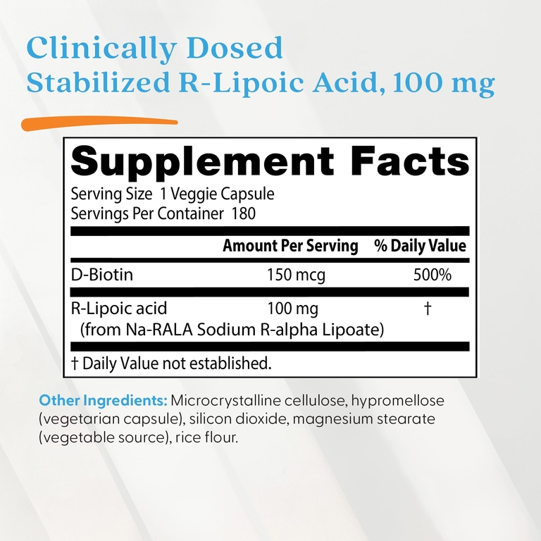 Doctor's Best, стабилизированная R-липоевая кислота, 100 мг, 180 растительных капсул