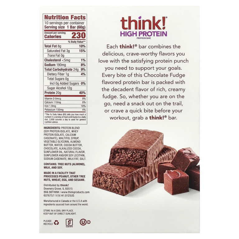 think!, Высокопротеиновые батончики, шоколадная помадка, 10 батончиков по 60 г (2,1 унции)