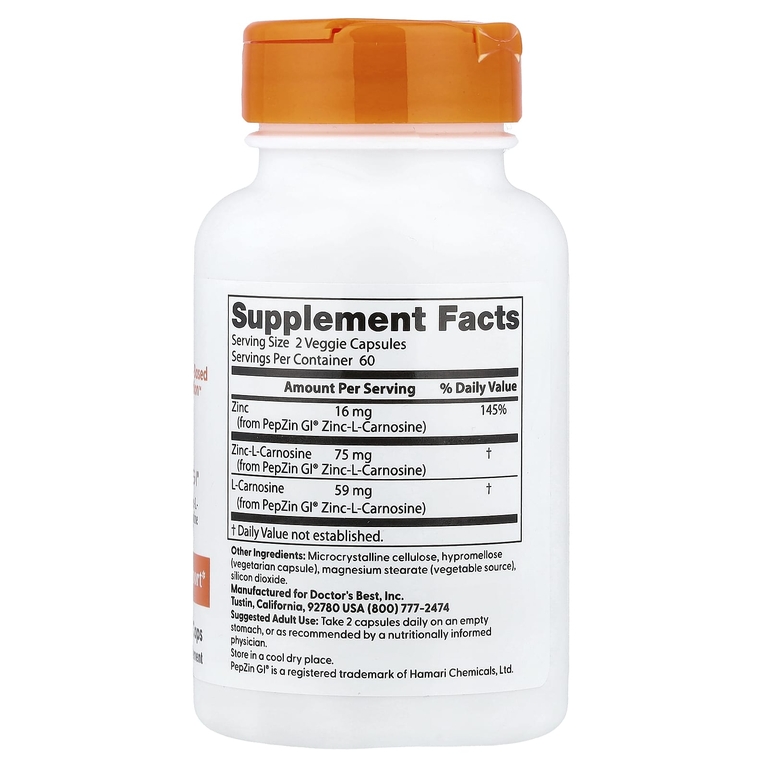Doctor's Best, комплекс с цинк-L-карнозином PepZin GI®, 120 растительных капсул